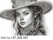 A detailed graphite or charcoal pencil illustration of a young Victorian woman. Her face is distinguished by delicate features, large expressive eyes and a slight, enigmatic smile. The girl is dressed in a lace dress with a high collar and on her head she wears an exquisite wicker hat with a wide brim, richly decorated with patterns. Careful drawing of details, soft gradations of shadows and hair texture make the image realistic, but at the same time it retains an elegant artistic sophistication. The black and white palette adds a vintage aesthetic and a sense of antiquity to the drawing. Стоковое AI-изображение, AI-художник Анна Кривицкая / Фотобанк Лори