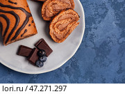 Тарелка с кусочками вкусного бисквита, шоколада и черники на синем столе. Стоковое фото, фотограф Pixel_shot / Фотобанк Лори