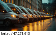 Delivery vans lined up on a city street during twilight with reflections shimmering on wet pavement. В сумерках на одной из городских улиц припаркован ряд фургонов доставки. Мокрый тротуар отражает теплые огни близлежащих зданий, создавая яркую городскую атмосферу. Стоковое AI-изображение, AI-художник Katsiaryna Repich / Фотобанк Лори
