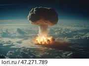 Apocalyptic View of Nuclear War from Space. Апокалиптический взгляд на ядерную войну из космоса. Стоковое AI-изображение, AI-художник Katsiaryna Repich / Фотобанк Лори