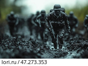 Soldiers walking on muddy and damp ground. Their uniforms are covered in a layer of dirt and moisture, which gives the scene a dark and realistic atmosphere. In the center of the composition is a soldier in a helmet, holding a weapon in his hands, moving forward with a determined expression on his face. The rest of the soldiers follow him, gradually dissolving into the blurred background, creating an effect of depth. The color scheme of the image is dark and cold, conveying the feeling of a harsh military environment.This scene is reminiscent of historical battles or artistic reconstructions of military operations, which show the complexity of combat conditions, dirt and difficult trials that befall soldiers. Стоковое AI-изображение, AI-художник Анна Кривицкая / Фотобанк Лори