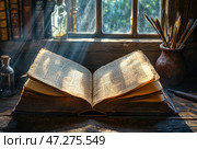 Старая книга, открытая на деревянном столе, с солнечными лучами и декором. Стоковое AI-изображение, AI-художник Елена Болотина / Фотобанк Лори