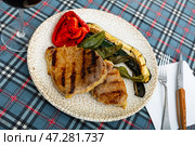 Delicious mediterranian style steak served with baked tomatoes eggplant and chili peppers. Стоковое фото, фотограф Яков Филимонов / Фотобанк Лори