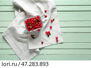 Чаша со спелой брусникой на цветном деревянном фоне. Стоковое фото, фотограф Pixel_shot / Фотобанк Лори