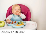 Baby food. The first meal. Feeding the baby. A cute little kid eats vegetables. Healthy food. The child is sitting on a high chair for feeding. Fresh vegetables and fruits. Стоковое фото, фотограф Photojuli / Фотобанк Лори