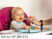 Baby food. The first meal. Feeding the baby. A cute little kid eats vegetables. Healthy food. The child is sitting on a high chair for feeding. Fresh vegetables and fruits. Стоковое фото, фотограф Photojuli / Фотобанк Лори