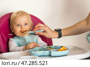 Baby food. The first meal. Feeding the baby. A cute little kid eats vegetables. Healthy food. The child is sitting on a high chair for feeding. Fresh vegetables and fruits. Стоковое фото, фотограф Photojuli / Фотобанк Лори