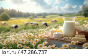 Натюрморт с молочными продуктами и ромашками на фоне пасущихся коров на летнем лугу. Стоковое AI-изображение, AI-художник Щеголева Ольга / Фотобанк Лори