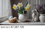 The concept of a bright Easter holiday. Retro home interior with Easter decor. Spring flowers in a white vase, a rabbit and Easter eggs in pastel shades. Стоковое AI-изображение, AI-художник Photojuli / Фотобанк Лори