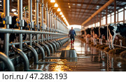 Farming equipment and milking process in a dairy barn during evening hours. Стоковое AI-изображение, AI-художник Сергей Толмачёв / Фотобанк Лори