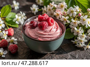 Fresh dairy products, cottage cheese with fresh raspberries in ceramic dishes. The concept of natural, dietary nutrition. Healthy foods. Стоковое AI-изображение, AI-художник Photojuli / Фотобанк Лори