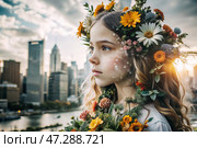 Portrait of a young girl. A conceptual artistic close-up shot against the background of a city with double exposure and visual effects. An advertising move. Стоковое AI-изображение, AI-художник Photojuli / Фотобанк Лори