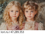 Two charming girls with delicate features, fair hair and deep blue eyes. Their images are made in a vintage style, reminiscent of a watercolor portrait or a classic art illustration. One girl has curly locks, and the other has slightly wavy hair, decorated with a flower. They are dressed in exquisite dresses with bows and lace details, which gives the composition romance and sophistication. The background is soft and blurred, emphasizing the warmth and tenderness of the scene. Стоковое AI-изображение, AI-художник Анна Кривицкая / Фотобанк Лори