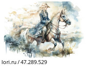 An elegant horsewoman riding a white horse across an open field. The woman is dressed in a long Victorian-style coat, leather boots and gloves, and on her head is a light hat with ribbons fluttering in the wind. Her hair is also fluttering, emphasizing the dynamics of the movement. The horse is graceful, its muscular body and flowing mane give the painting a sense of speed and freedom. The watercolor technique makes the image airy, and the soft shades of blue, gold and gray create a romantic, almost fairy-tale atmosphere. Стоковое AI-изображение, AI-художник Анна Кривицкая / Фотобанк Лори