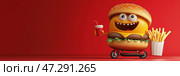 Fun cartoon character holding burger and fries with a drink on a red background, copy space. Веселый мультяшный персонаж, похожий на гамбургер, держит в руках напиток и картофель фри, стоя на скутере. Ярко-красный фон придает сцене игривую атмосферу. Стоковое AI-изображение, AI-художник Katsiaryna Repich / Фотобанк Лори