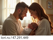 Счастливые родители обнимают своего новорождённого ребёнка в мягком естественном свете дома. Стоковое AI-изображение, AI-художник Елена Болотина / Фотобанк Лори