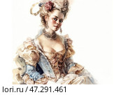 An elegant 18th century aristocrat dressed in a luxurious rococo dress. Her image is emphasized by a complex hairstyle decorated with flowers and ribbons, as well as rich jewelry - earrings, a necklace and lace. The painting is done in an exquisite watercolor technique, creating lightness and airiness. Pastel tones of beige, blue and gold give the image sophistication and aristocratic sophistication. The woman's gaze is soft, but confident, which emphasizes her status and dignity. Стоковое AI-изображение, AI-художник Анна Кривицкая / Фотобанк Лори