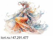 An elegant woman in a fantasy style, executed in watercolor technique. She looks like a mythological or fairytale figure, dressed in an exquisite dress, reminiscent of a mixture of water, flame and wind. Her outfit smoothly flows from one shade to another - from golden-orange tones to cold blue and gray. On her head is an exquisite headdress, decorated with branchy elements, beads and precious stones. She sits in a graceful pose, creating a feeling of ephemerality and lightness. The atmosphere of the image is airy, as if the heroine dissolves in a stream of colors and energy. Стоковое AI-изображение, AI-художник Анна Кривицкая / Фотобанк Лори