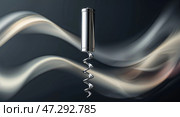 Unique corkscrew on a dark background with swirling smoke creating a dramatic effect for wine enthusiasts and collectors. Стоковое AI-изображение, AI-художник Сергей Толмачёв / Фотобанк Лори