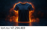Black t-shirt mockup on dark smoke background, front view. Макет черной футболки на темном дымном фоне, вид спереди. Стоковое AI-изображение, AI-художник Katsiaryna Repich / Фотобанк Лори