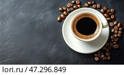 Warm Cup of Coffee With Latte Art on a Textured Surface Beside Notebooks and a Sketchpad. Стоковое AI-изображение, AI-художник Юлия Гапеенко / Фотобанк Лори