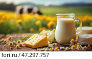 Натюрморт с молочными продуктами на фоне пасущихся коров на летнем лугу. Стоковое AI-изображение, AI-художник Щеголева Ольга / Фотобанк Лори