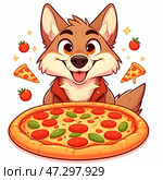 Койот с пиццей в лапах. Coyote with pizza in his paws. Стоковое AI-изображение, AI-художник Igor Murashko / Фотобанк Лори
