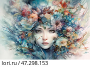A female portrait in watercolor technique, filled with magic and fantasy. The girl's face is light, gentle, with deep, expressive eyes that seem filled with mystery. Her hair seems to dissolve in space, turning into a whirlpool of flowers, leaves and ephemeral elements, mixed in a mesmerizing dance of shades of blue, light blue, orange and pink. The painting conveys a feeling of merging with nature, freedom and lightness, as if the girl is the spirit of flowers or the goddess of nature. Soft strokes of watercolor create an airy, almost dreamlike atmosphere. Стоковое AI-изображение, AI-художник Анна Кривицкая / Фотобанк Лори