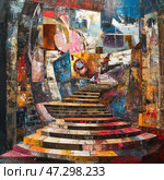 An abstract painting with elements of architectural cubism. The central element of the composition is a wide spiral staircase leading upwards, as if into the unknown. It is executed in rich shades of red, yellow, blue and brown, creating an effect of depth and perspective. Around the staircase are bizarre geometric shapes reminiscent of the walls of buildings, windows and arches, mixing into a chaotic but harmonious pattern. The painting evokes a sense of mystery, movement and transition between realities, and also hints at the influence of avant-garde art. Стоковое AI-изображение, AI-художник Анна Кривицкая / Фотобанк Лори