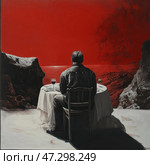 Dark and mysterious mood. The central figure of the composition is a man seated at a round table covered with a white tablecloth, against a surreal red sky and dark rocks. He sits with his back to the viewer, contemplating the landscape in front of him. On the table in front of him are two glasses of wine and cutlery, creating a sense of anticipation or symbolic absence of the other person. The red sky gives the scene an unsettling, almost apocalyptic tone, perhaps symbolizing the sunset, blood or the inner conflict of the hero. This work can be interpreted as a reflection on loneliness, loss or the end of something important. Стоковое AI-изображение, AI-художник Анна Кривицкая / Фотобанк Лори