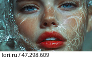 Close-up of a young woman submerged in water showcasing beauty and serenity. Крупный план молодой женщины, погруженной в воду, демонстрирует красоту и безмятежность. Стоковое AI-изображение, AI-художник Katsiaryna Repich / Фотобанк Лори