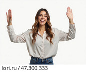 Woman Celebrating With Hands Raised Against a Neutral Background, Expressing Joy and Enthusiasm While Wearing a Casual Outfit. Стоковое AI-изображение, AI-художник Sergey Grishin / Фотобанк Лори