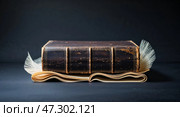 Leather-bound book resting on a velvet surface with pages partially fanned out in soft lighting. Стоковое AI-изображение, AI-художник Сергей Толмачёв / Фотобанк Лори