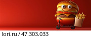 Fun cartoon burger character delivering fries on a scooter against a bold red backdrop. Веселый мультяшный персонаж, доставляющий картофель фри на скутере, на красном фоне. Стоковое AI-изображение, AI-художник Katsiaryna Repich / Фотобанк Лори