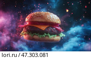 Floating burger with colorful background and dramatic lighting effects. Гамбургер с булочкой с кунжутом, салатом, сыром и приправами парит на ярком, космическом фоне с переливающимися цветами. Стоковое AI-изображение, AI-художник Katsiaryna Repich / Фотобанк Лори