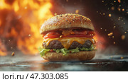 Juicy hamburger with bacon and cheese under dramatic flames. Аппетитный гамбургер с сыром чеддер, хрустящим беконом, свежим салатом и спелыми помидорами изображен на огненном фоне, подчеркивающем его аппетитную привлекательность. Стоковое AI-изображение, AI-художник Katsiaryna Repich / Фотобанк Лори