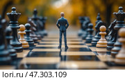 Chess strategy illustrated by a businessman contemplating a chessboard. Бизнесмен задумчиво стоит на шахматной доске в окружении черных и белых фигур. Стоковое AI-изображение, AI-художник Katsiaryna Repich / Фотобанк Лори