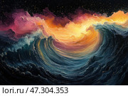 An artistic fantasy composition that combines the power of ocean waves and the glow of outer space. Enormous waves swirl as if they are striving for infinity, their dark blue and turquoise shades contrast with bright flashes of fiery light. The upper part of the painting resembles a galactic sky or a cloud of energy, shimmering with gold, pink and purple hues. The painting conveys a sense of movement, energy and the power of nature, combining elements of water, fire and space. Стоковое AI-изображение, AI-художник Анна Кривицкая / Фотобанк Лори