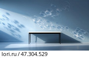 Light reflections dance on a blue wall while a minimalist table stands silently in an empty room during daylight hours. Стоковое AI-изображение, AI-художник Сергей Толмачёв / Фотобанк Лори