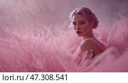 Elegant portrait of a woman immersed in pink foliage capturing ethereal beauty at twilight. Стоковое AI-изображение, AI-художник Сергей Толмачёв / Фотобанк Лори