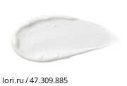 Skincare cream smear, cosmetic product texture, white lotion sample, beauty treatment, facial moisturizer, skin hydration, smooth surface, isolated background, soft consistency. Стоковое фото, фотограф Павел Муравьев / Фотобанк Лори