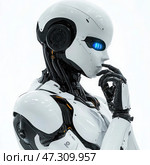 Робот с голубыми глазами и белым телом смотрит налево. Стоковое AI-изображение, AI-художник Ярославский Максим / Фотобанк Лори