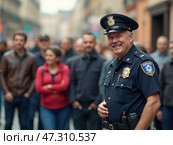 A Police Officer Smiles Warmly While Engaging With a Crowd During a Community Event on a Busy City Street in Early Afternoon. Стоковое AI-изображение, AI-художник Sergey Grishin / Фотобанк Лори
