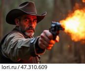 A Cowboy Aiming a Revolver While Firing in a Forest During a Dusk Setting, Showcasing Dramatic Lighting and Intense Focus. Стоковое AI-изображение, AI-художник Sergey Grishin / Фотобанк Лори