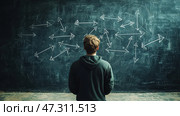 Man Standing in Front of Chalkboard with Multiple Arrows Indicating Choices. Стоковое AI-изображение, AI-художник Дмитрий Головач / Фотобанк Лори
