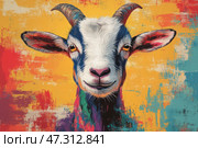 A bright, cheerful and charismatic portrait of a goat, made in the style of pop art with elements of digital painting. The goat looks straight at the viewer with a light, almost friendly smile. Its fur is conveyed by expressive brushstrokes: white and gray muzzle, blue, purple and orange shades on the sides. The background is rich yellow-red-blue-orange, with texture effects that create a sense of energy, movement and joy. The animal's gaze is sincere and intelligent, as if it wants to say something - or has already understood more than it seems. Стоковое AI-изображение, AI-художник Анна Кривицкая / Фотобанк Лори