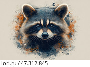 An expressive portrait of a raccoon, made in a modern digital style with elements of artistic splashes and spots. The raccoon's face is drawn in detail: thick fur, attentive eyes, fluffy ears and a characteristic black "mask" around the eyes. The raccoon's look is smart and slightly sly, as if he was planning something cunning. Around the head is an abstract background of orange, gray and black drops, reminiscent of a splash of creativity. The whole image conveys energy, character, individuality and a hint of a mischievous adventure. Perhaps he is already making plans for his bright and unusual future. Стоковое AI-изображение, AI-художник Анна Кривицкая / Фотобанк Лори
