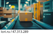 Cardboard boxes speeding on a conveyor belt in a bustling warehouse. Packages Move on a Conveyor Belt. Logistics and transportation background. Product distribution center. Moving image. Export, cargo. Стоковое AI-видео, аниматор Марина Демидюк / Фотобанк Лори