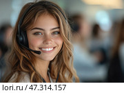 A young woman with headphones and a microphone, working in a call center or support service. She smiles, creating a feeling of friendliness and openness. The background is bright and modern, with blurred figures of colleagues. Her natural beauty, freckles and a radiant smile make the image positive and encouraging. The atmosphere is professional, but at the same time very human and warm. Such an image can symbolize the future of quality service based on empathy and technology. Стоковое AI-изображение, AI-художник Анна Кривицкая / Фотобанк Лори