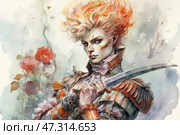 Expressive watercolor portrait of a character combining nobility and belligerence. Before us is an androgynous warrior with fiery, upward-rising hair, dressed in stylized armor with elements of Renaissance fashion: frills, epaulettes, rich fabrics. His face is decorated with battle marks, his gaze is penetrating and decisive, in his hand is a curved blade. In the background is a misty garden with scarlet roses and mysterious silhouettes of trees. The image seems to have come out of a fantasy world or an alternative future, where the boundaries between eras and genders are erased. Стоковое AI-изображение, AI-художник Анна Кривицкая / Фотобанк Лори